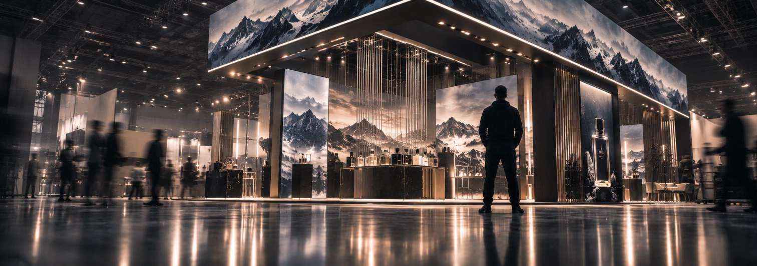 Exhibition concept with mountain graphics across a large illuminated stand