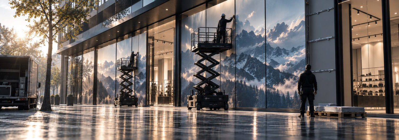 Installation concept showing large mountain graphics fitted across a storefront