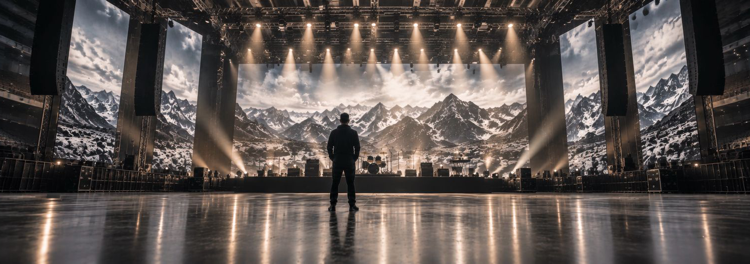 Stage concept with mountain imagery across a wide backdrop