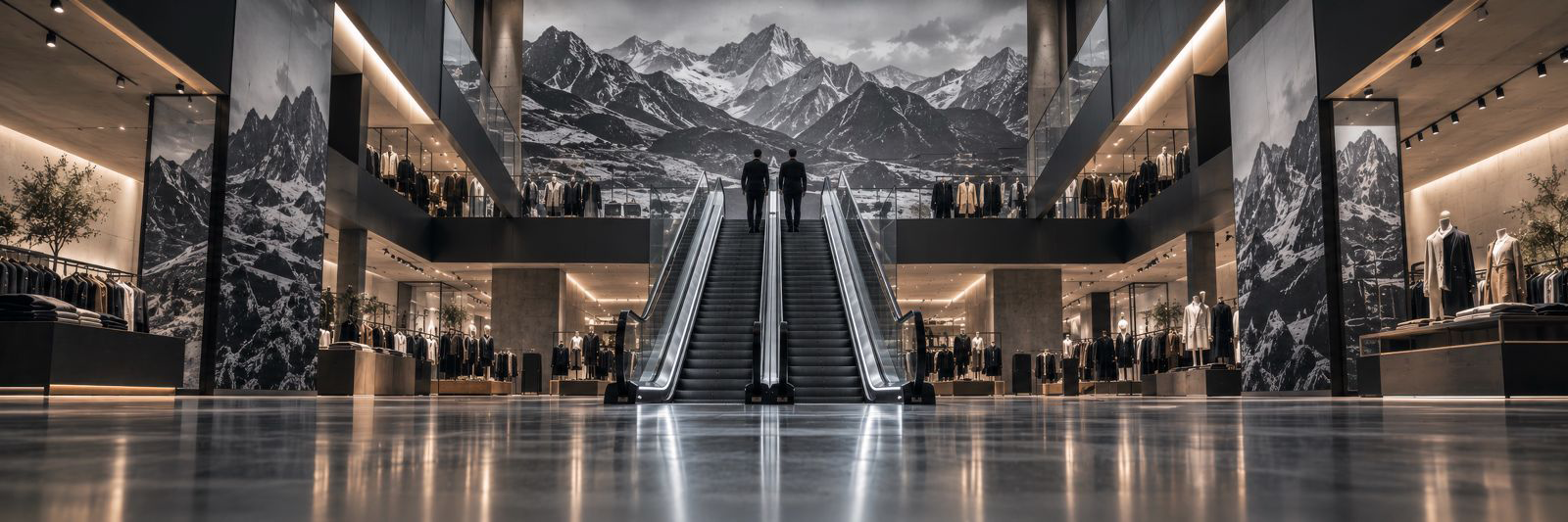 Retail concept with mountain graphics across walls and columns