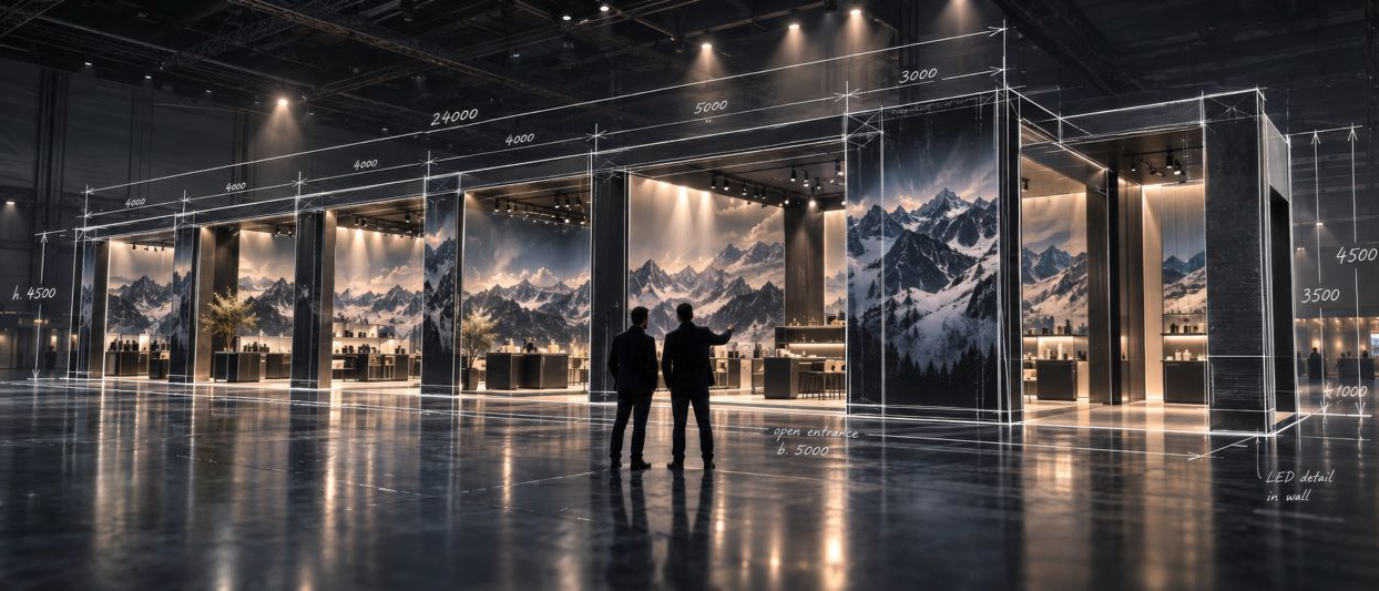 Exhibition concept with large-format mountain graphics and production dimensions